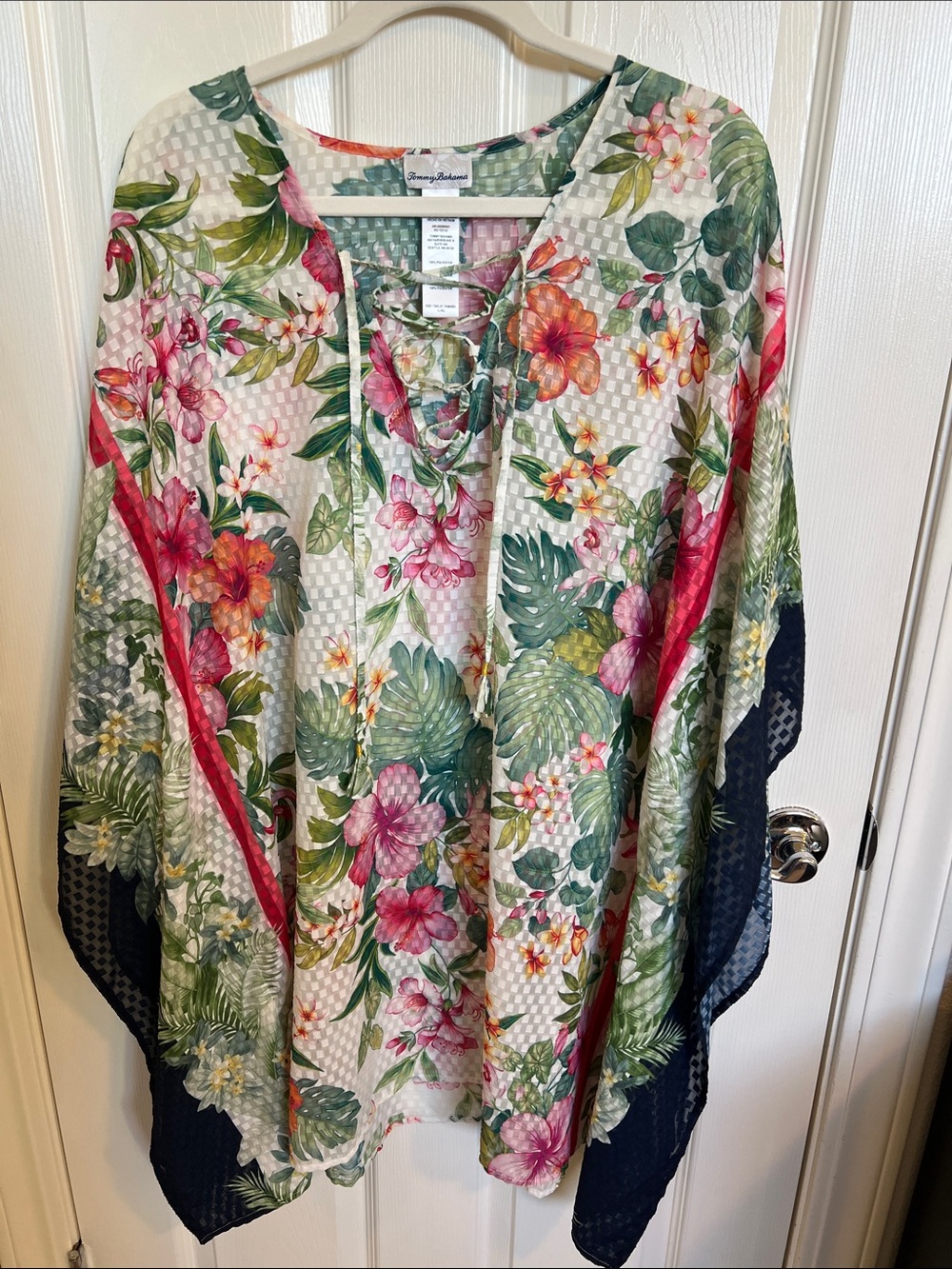 Tommy Bahama Tropical Floral Lace-Up Tunic/Beach Cover up in Green, Pink & Navy